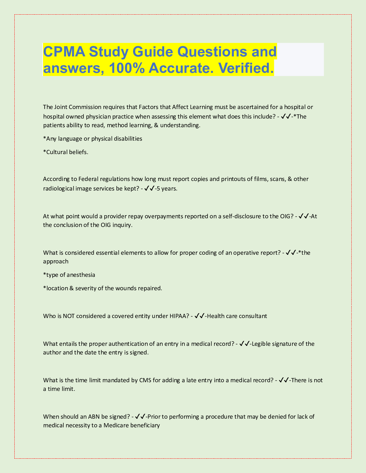 Preview image for CPMA Study Guide Questions and  answers, 100% Accurate. Verified.